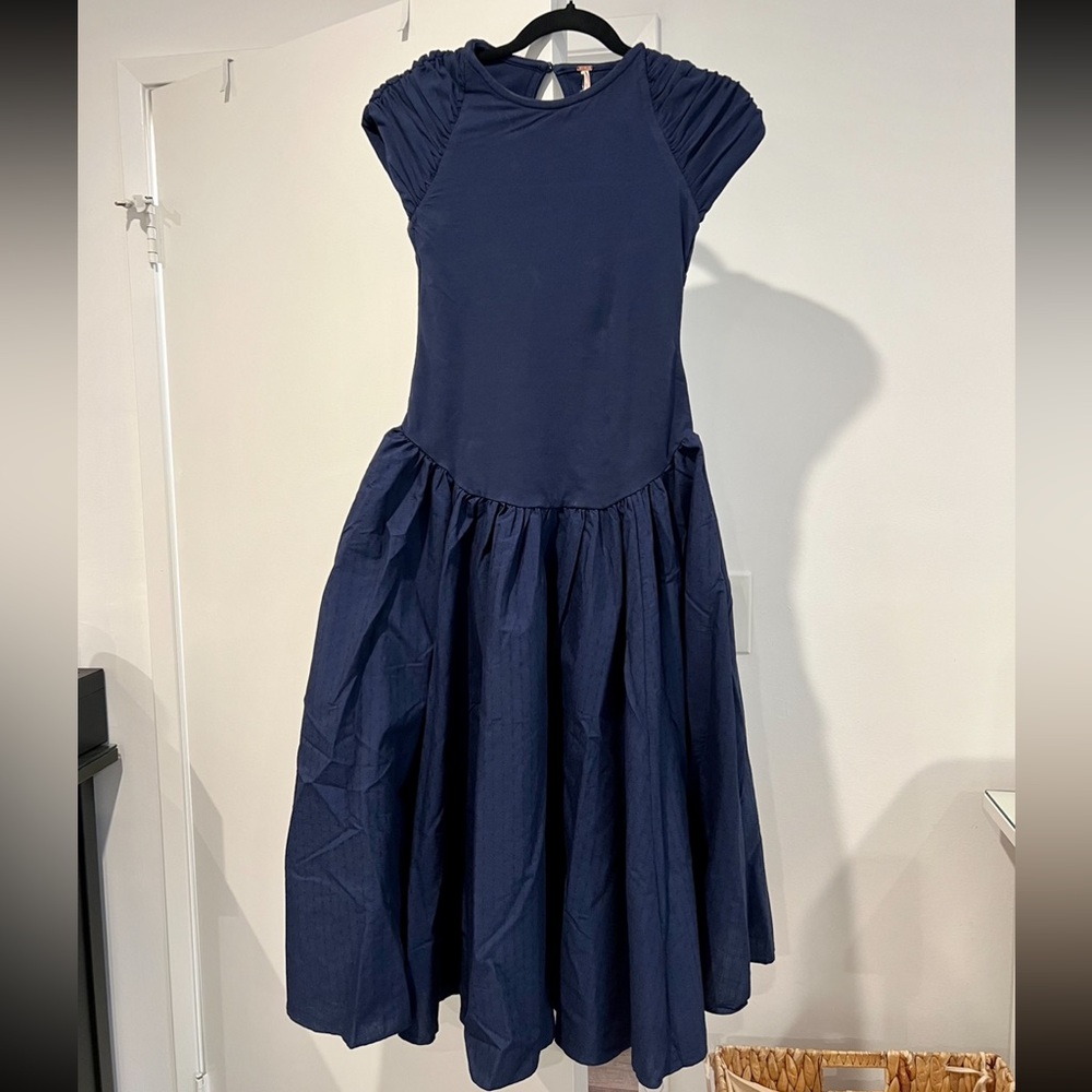 Free People Navy Blue Midi Dress with Ruched Shoulders